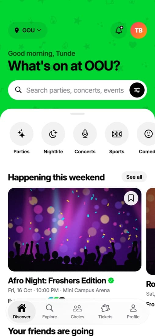 PartyPadi Discover screen with campus events